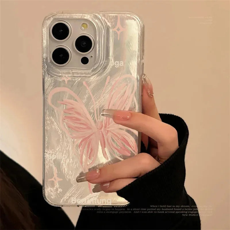 Pink Butterfly Laser Phone Case For Apple IPhone 15 11 13 14 12 Pro Max 15 Plus SE2 3 X XR XS Max 8 7 Plus Lens protection Cover