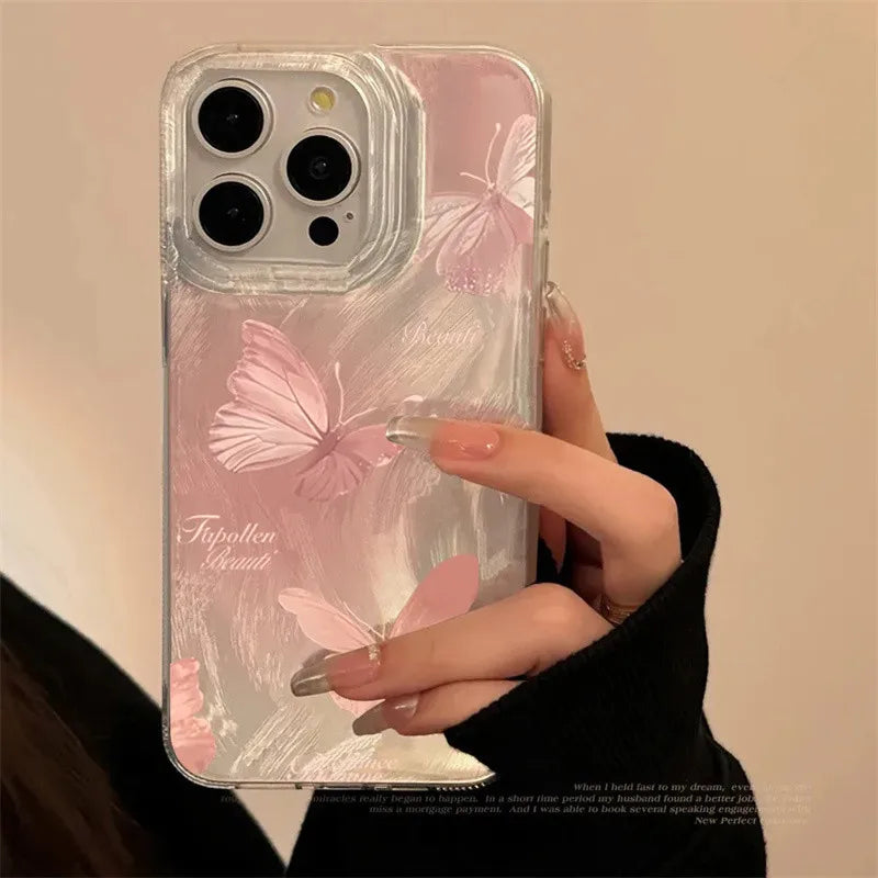 Pink Butterfly Laser Phone Case For Apple IPhone 15 11 13 14 12 Pro Max 15 Plus SE2 3 X XR XS Max 8 7 Plus Lens protection Cover