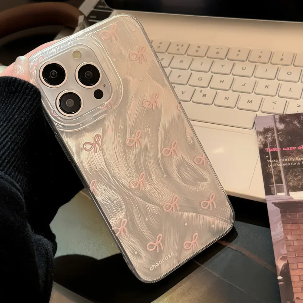 Silver Small Pink Bow Knots Cover for iPhone 11 13 12 14 15 Pro Max 7 8 Plus X XR XS Max SE2 Case Phone Shockproof Bumper Fundas