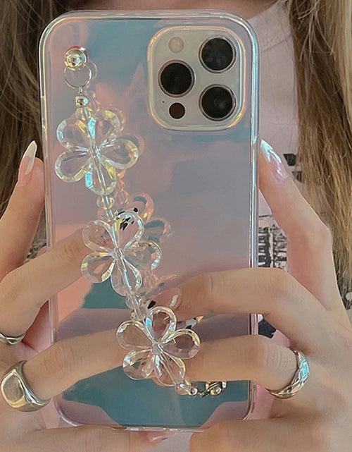 Load image into Gallery viewer, INS Laser Transparent Silicone Phone Case for iphone 15 14 12 13 Pro Max 11 MiNi XR X XS 7 8 plus SE 3D Flower Wrist Chain Cover
