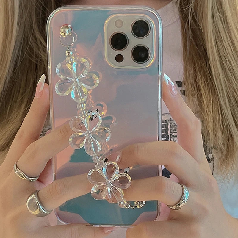 INS Laser Transparent Silicone Phone Case for iphone 15 14 12 13 Pro Max 11 MiNi XR X XS 7 8 plus SE 3D Flower Wrist Chain Cover