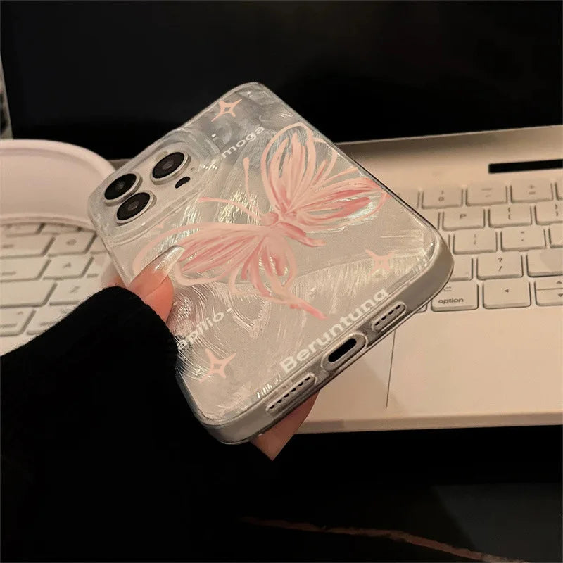 Pink Butterfly Laser Phone Case For Apple IPhone 15 11 13 14 12 Pro Max 15 Plus SE2 3 X XR XS Max 8 7 Plus Lens protection Cover