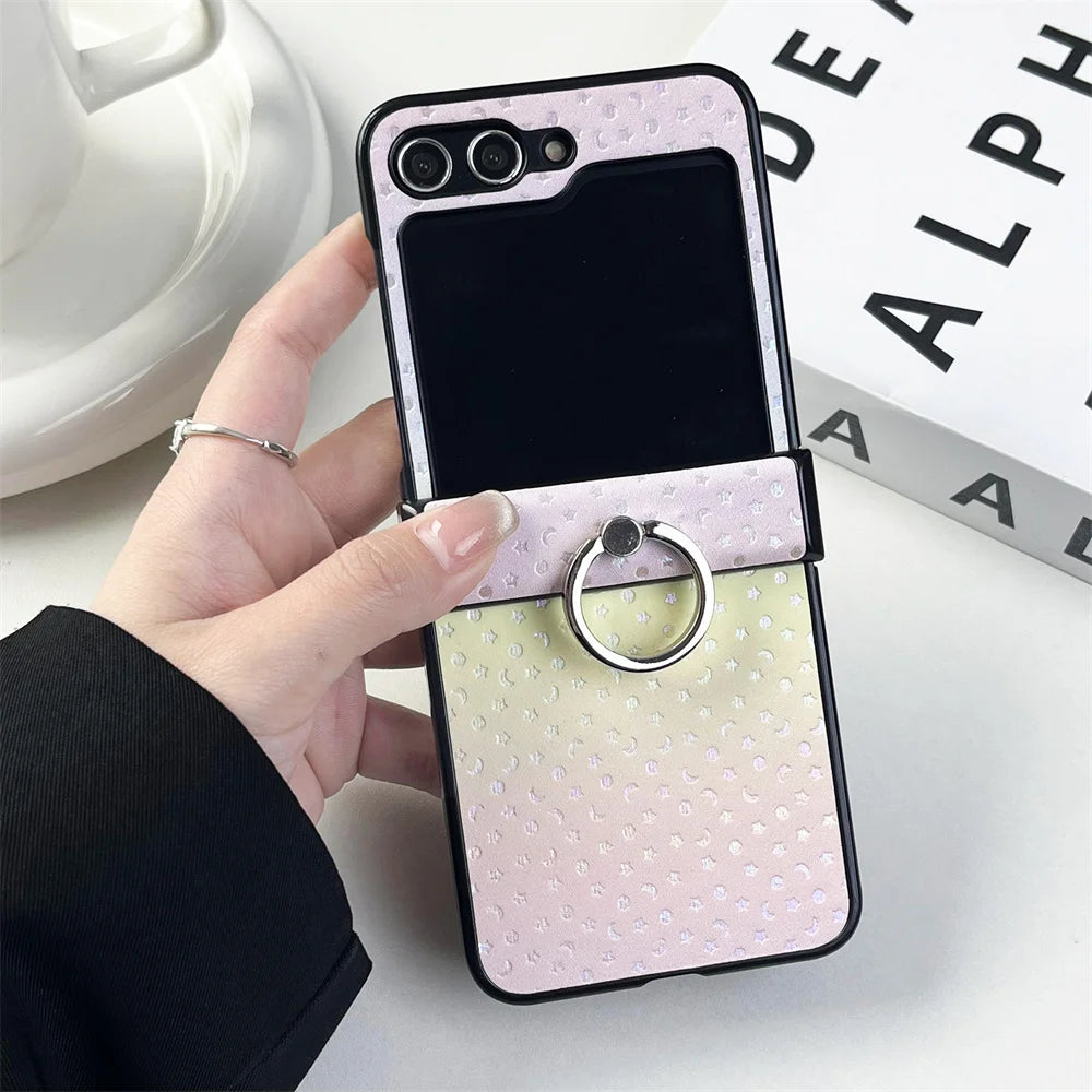 Double Color Gradient Star Phone Case for Samsung Galaxy Zflip5 Z Flip6 ZFlip 6 5 4 3 Flip4 Fold Plating Cover with Ring Bracket