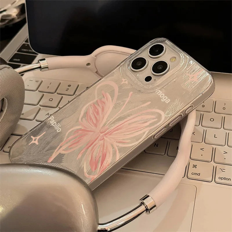 Pink Butterfly Laser Phone Case For Apple IPhone 15 11 13 14 12 Pro Max 15 Plus SE2 3 X XR XS Max 8 7 Plus Lens protection Cover