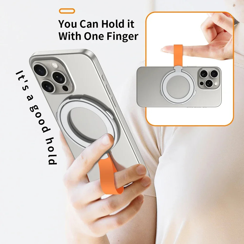 Magnetic Foldable Finger Ring Silica Hanging Rope Holder Rotatable Phone Stand Wireless Charging Friendly Type For Smart Phones