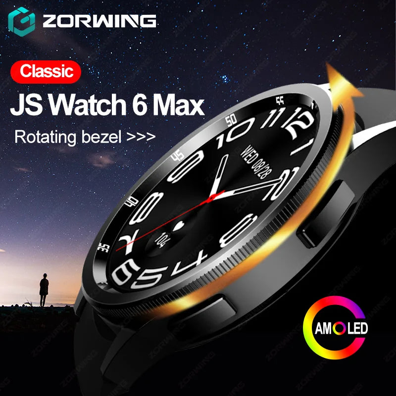 JS Watch 6 Max Classic AMOLED Smart Watch Men Women Rotating Bezel Heart Rate Blood Pressure Compass Sport Modes Smartwatch New