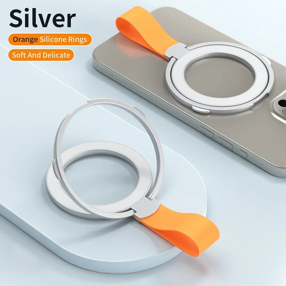 Magnetic Foldable Finger Ring Silica Hanging Rope Holder Rotatable Phone Stand Wireless Charging Friendly Type For Smart Phones