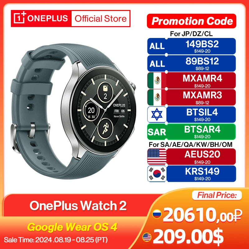 Global Version OnePlus Watch 2 Smart Watch Snapdragon W5 2GB 32GB 1.43'' AMOLED Display Google Wear OS 4 Dual Frequency GPS NFC