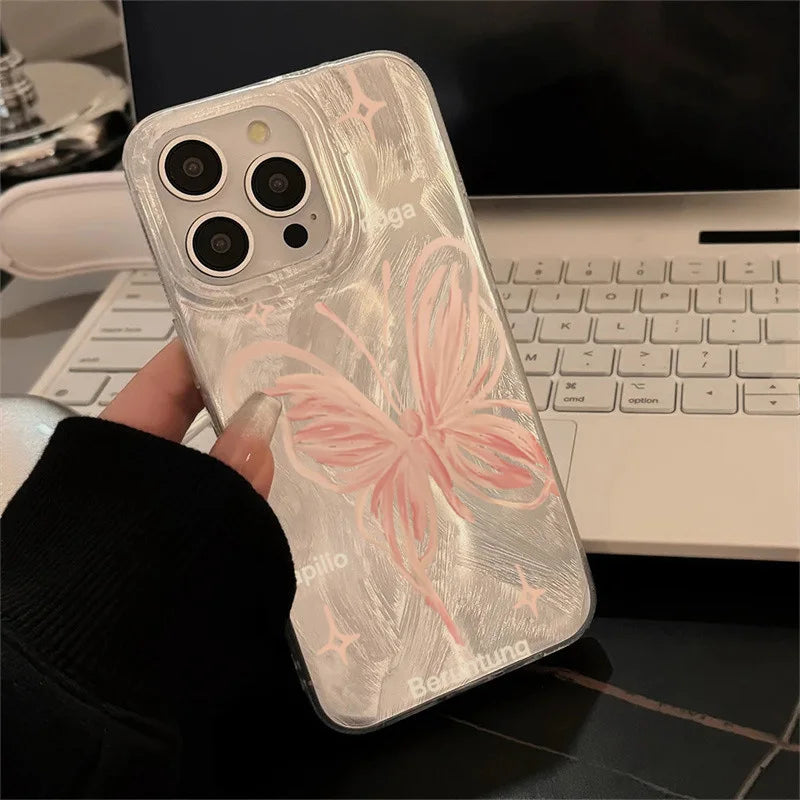 Pink Butterfly Laser Phone Case For Apple IPhone 15 11 13 14 12 Pro Max 15 Plus SE2 3 X XR XS Max 8 7 Plus Lens protection Cover