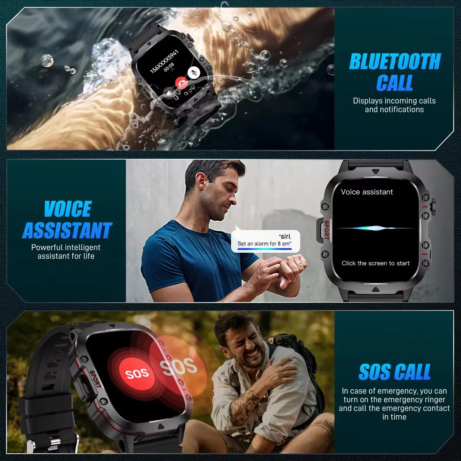 2024 New Smartwatch Men's Rugged Military Bluetooth Call Sport Heart Rate IP68 Waterproof Outdoor Smart Watches for Android IOS