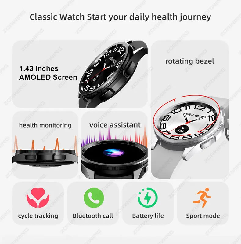 JS Watch 6 Max Classic AMOLED Smart Watch Men Women Rotating Bezel Heart Rate Blood Pressure Compass Sport Modes Smartwatch New