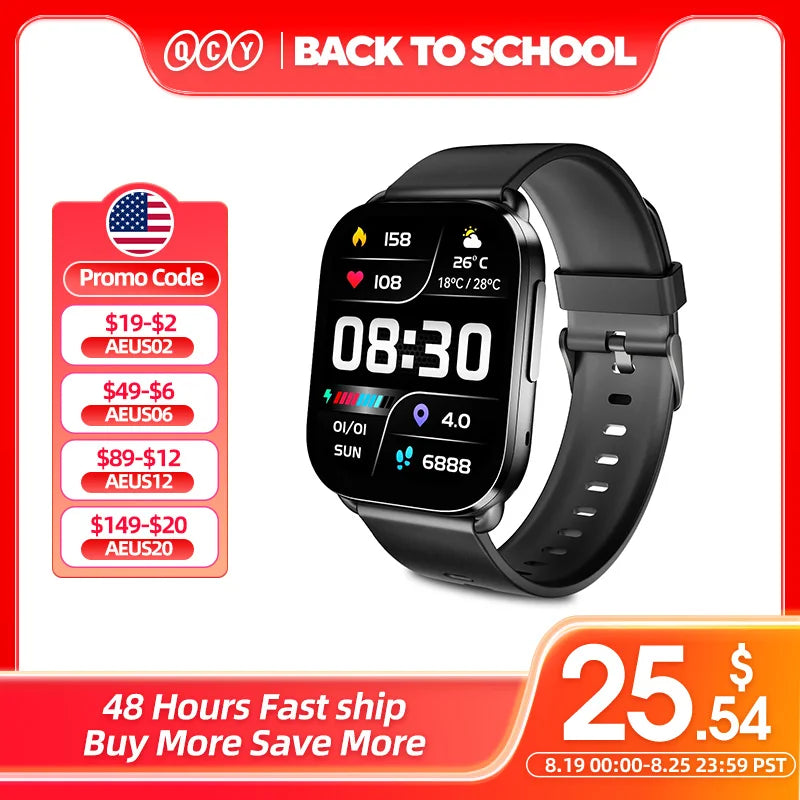 QCY Watch GS Bluetooth Call Smartwatch 2.02'' Full Touch Screen Fitness Tracker for 100+ Sport Modes Health Monitor Smart Watch