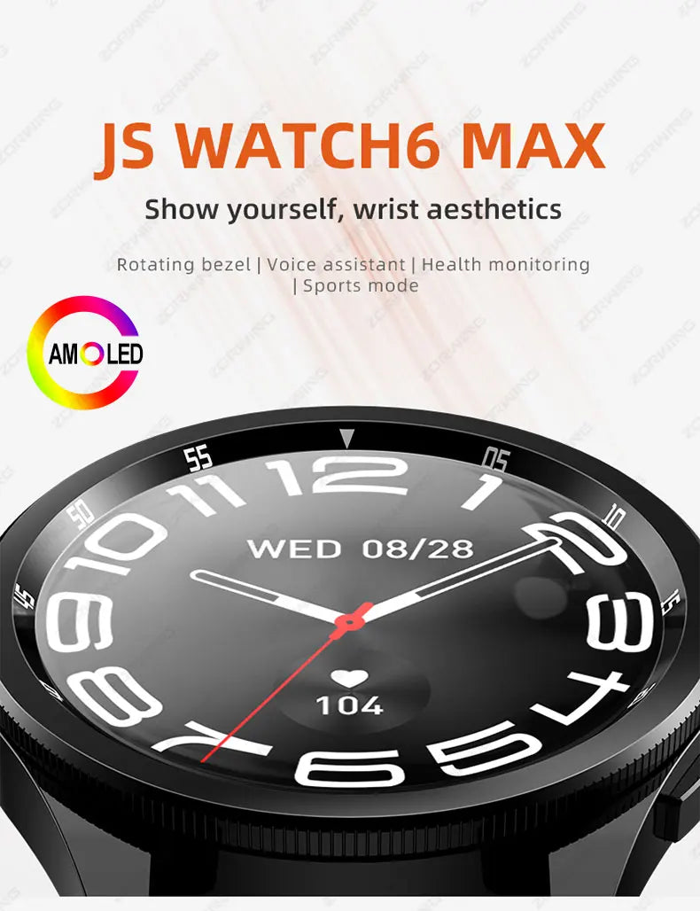 JS Watch 6 Max Classic AMOLED Smart Watch Men Women Rotating Bezel Heart Rate Blood Pressure Compass Sport Modes Smartwatch New