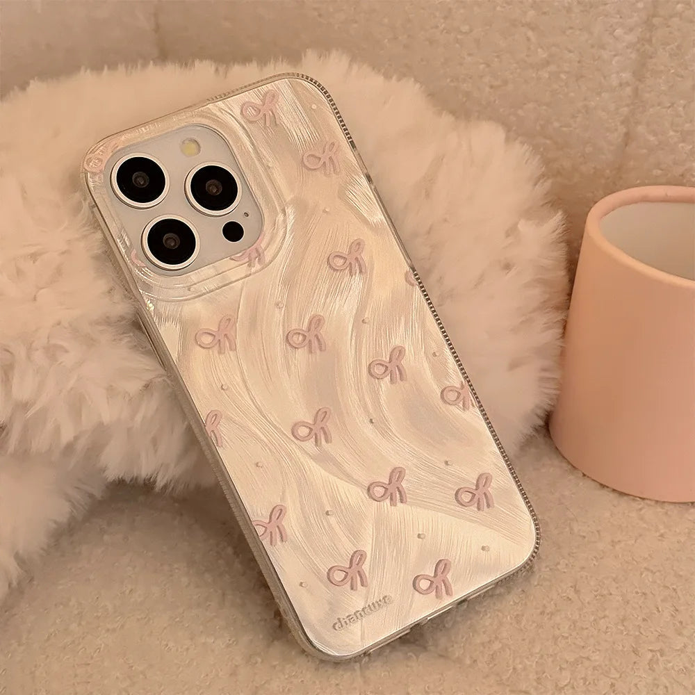 Silver Small Pink Bow Knots Cover for iPhone 11 13 12 14 15 Pro Max 7 8 Plus X XR XS Max SE2 Case Phone Shockproof Bumper Fundas