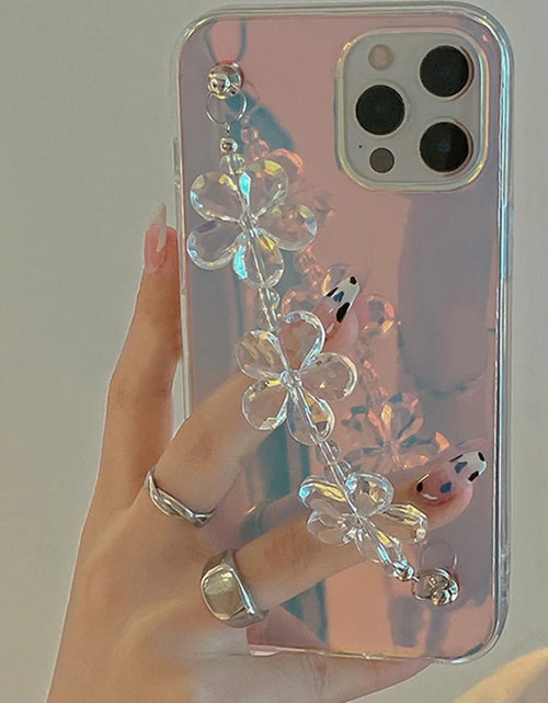 Load image into Gallery viewer, INS Laser Transparent Silicone Phone Case for iphone 15 14 12 13 Pro Max 11 MiNi XR X XS 7 8 plus SE 3D Flower Wrist Chain Cover
