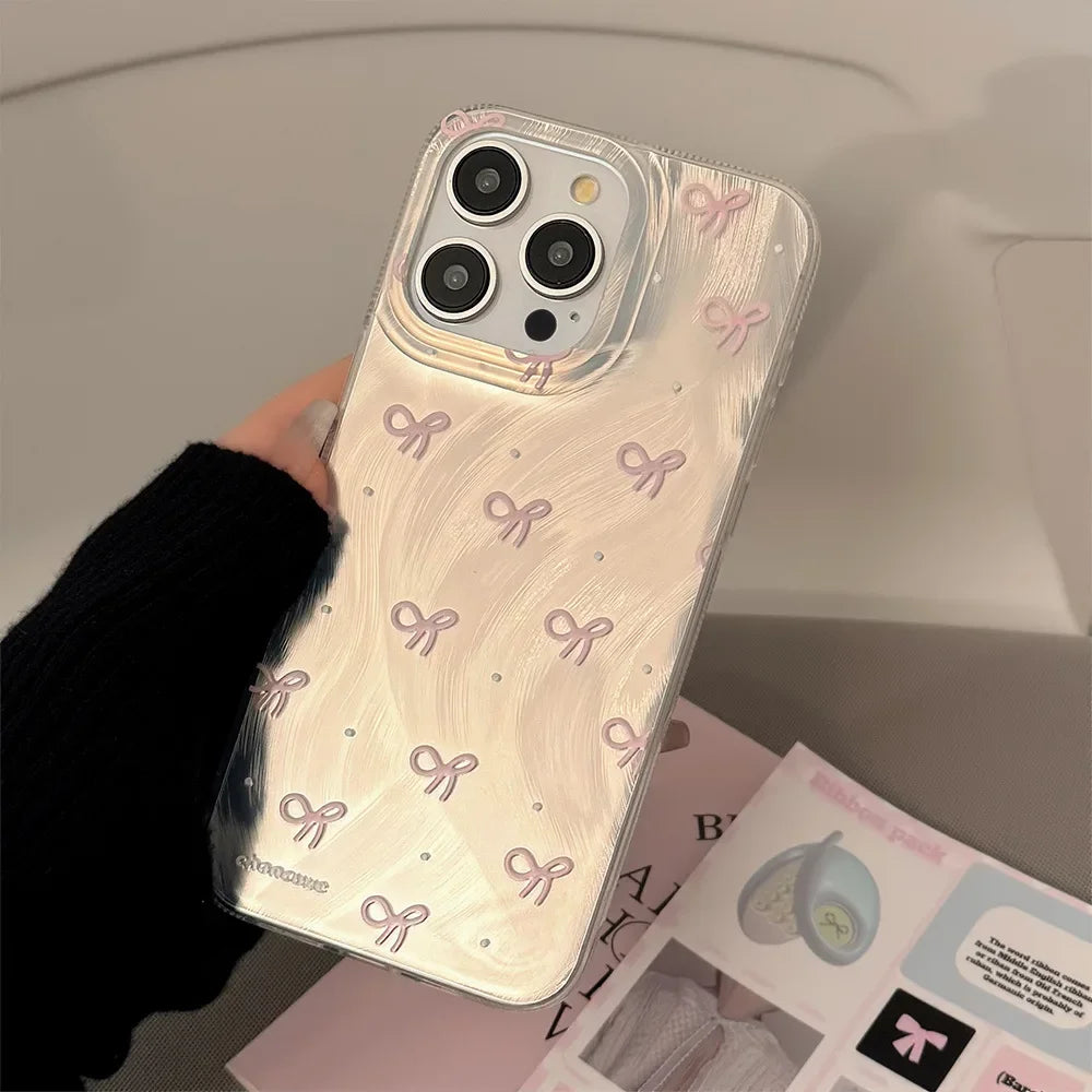 Silver Small Pink Bow Knots Cover for iPhone 11 13 12 14 15 Pro Max 7 8 Plus X XR XS Max SE2 Case Phone Shockproof Bumper Fundas