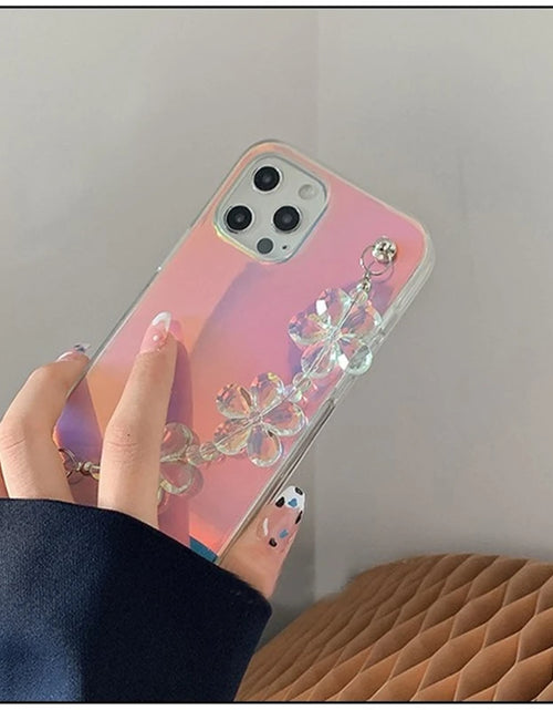 Load image into Gallery viewer, INS Laser Transparent Silicone Phone Case for iphone 15 14 12 13 Pro Max 11 MiNi XR X XS 7 8 plus SE 3D Flower Wrist Chain Cover
