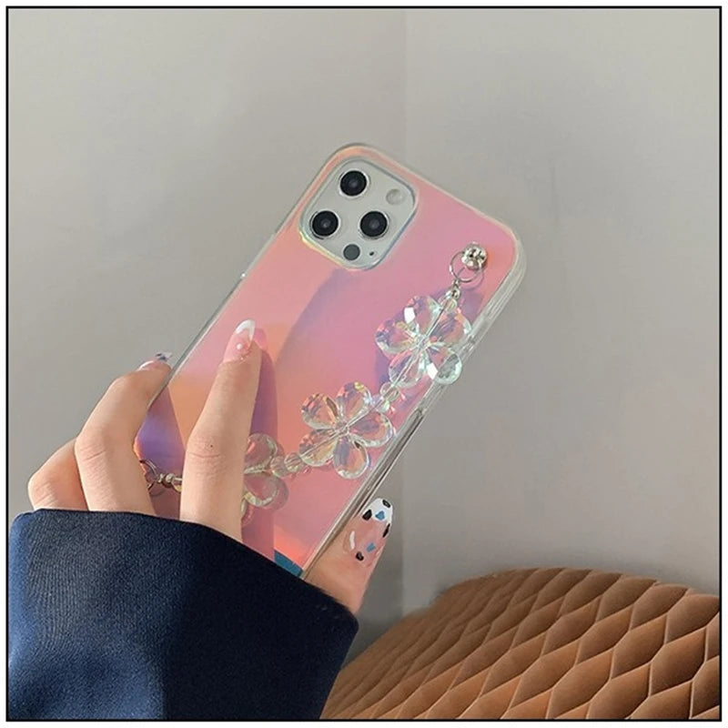 INS Laser Transparent Silicone Phone Case for iphone 15 14 12 13 Pro Max 11 MiNi XR X XS 7 8 plus SE 3D Flower Wrist Chain Cover