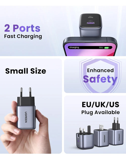 Load image into Gallery viewer, UGREEN GaN 35W Charger USB Charger PD3.0 QC3.0 Quick Charger For iPhone 15 14 13 Pro Samsung Xiaomi iPad Pro USB C Fast Charger
