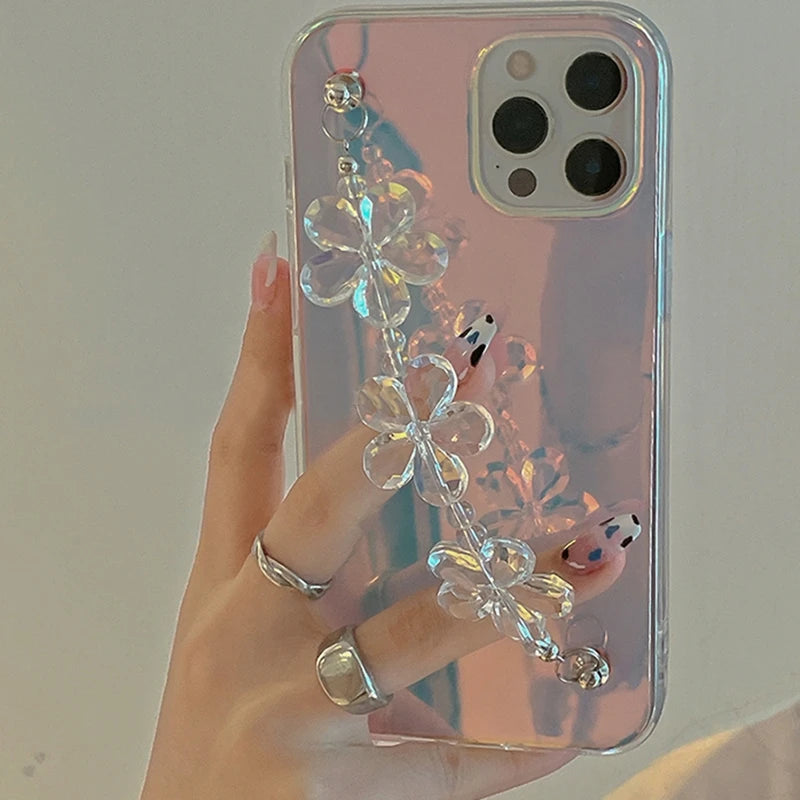 INS Laser Transparent Silicone Phone Case for iphone 15 14 12 13 Pro Max 11 MiNi XR X XS 7 8 plus SE 3D Flower Wrist Chain Cover