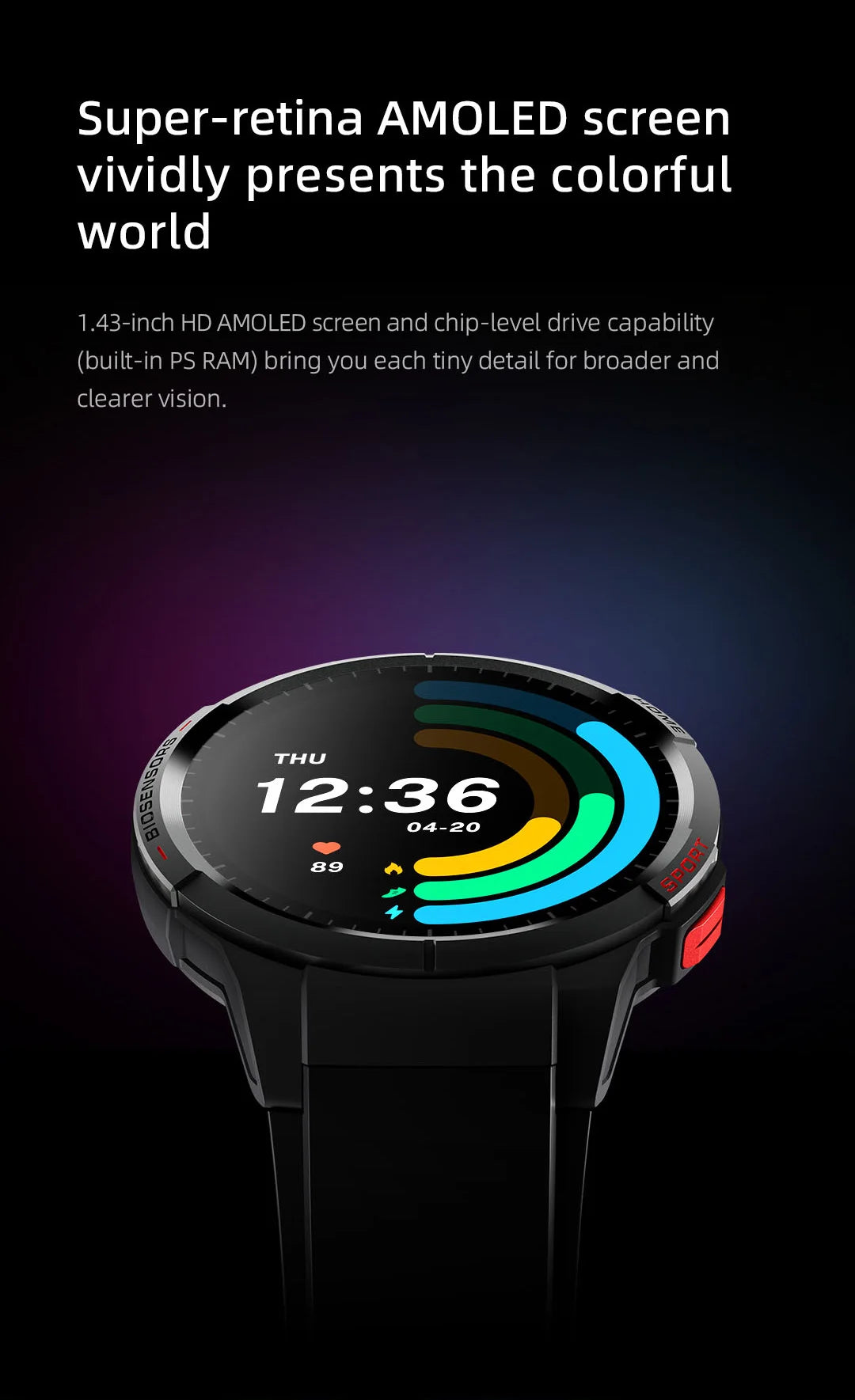 Mibro GS Smartwatch GPS Positioning 460mAh Battery AOD 1.43Inch AMOLED HD Screen 5ATM Waterproof Sport Men Women Smart Watch