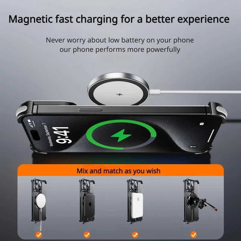 No Border Phone Case for iPhone 12 13 14 15 Pro Max 14 15 Plus Bumper Magnetic Wireless Charging Magsafe Holder Protective Cover