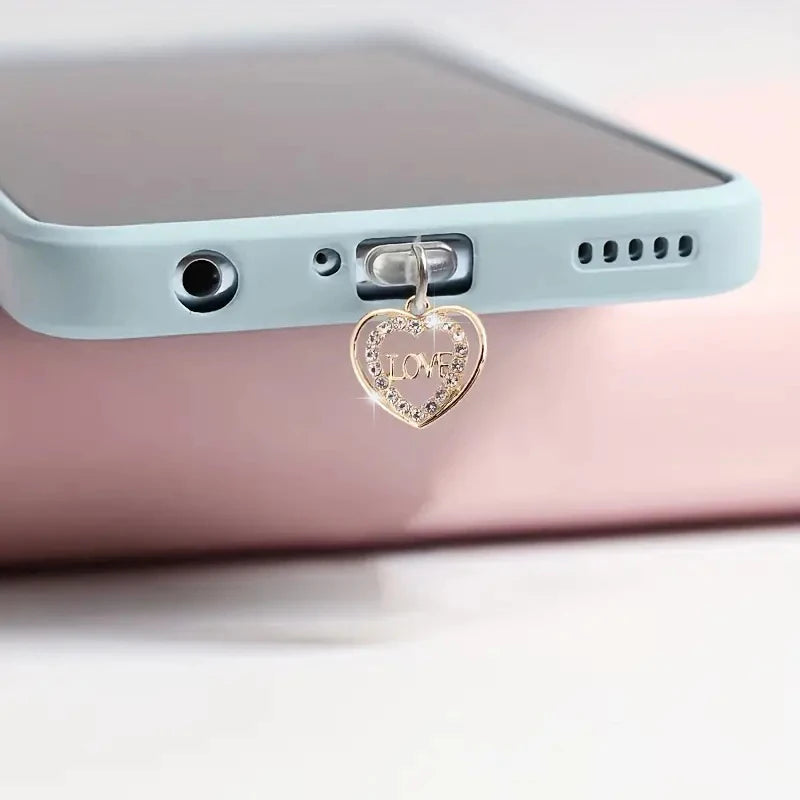 Mobile phone dust plug double Love alloy artificial diamond jewelry universal  data cable charging port plug phone accessories