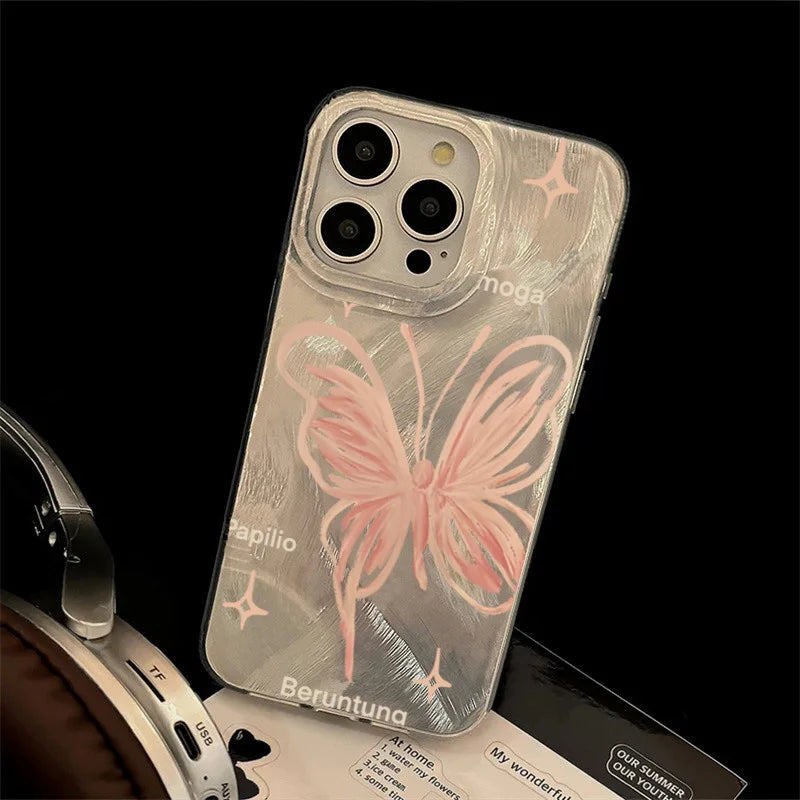 Pink Butterfly Laser Phone Case For Apple IPhone 15 11 13 14 12 Pro Max 15 Plus SE2 3 X XR XS Max 8 7 Plus Lens protection Cover