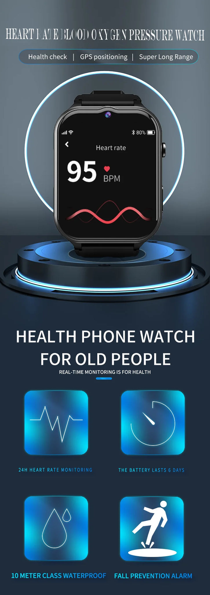 Elderly Smart Watch For Senior Falling Detection 4G Sim Card SOS Phone Call GPS Positioning Medicine Remind Footprint Track GK8