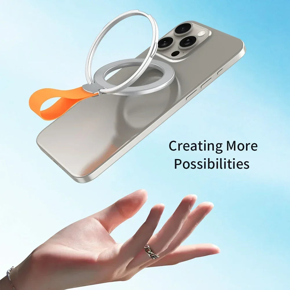 Magnetic Foldable Finger Ring Silica Hanging Rope Holder Rotatable Phone Stand Wireless Charging Friendly Type For Smart Phones