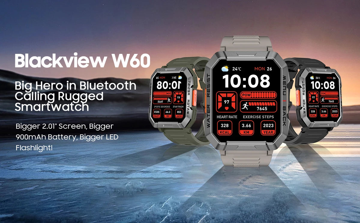 Blackview W60 2024 New Smartwatch 2.01'' HD Display TFT Rugged Smart Watch for Outdoor With Emergency Lighting Bluetooth Calling