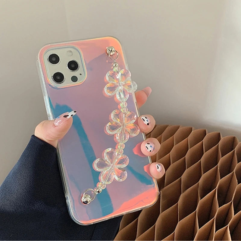 INS Laser Transparent Silicone Phone Case for iphone 15 14 12 13 Pro Max 11 MiNi XR X XS 7 8 plus SE 3D Flower Wrist Chain Cover