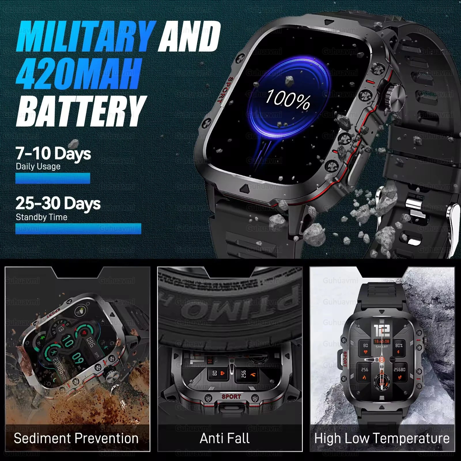 2024 New Smartwatch Men's Rugged Military Bluetooth Call Sport Heart Rate IP68 Waterproof Outdoor Smart Watches for Android IOS