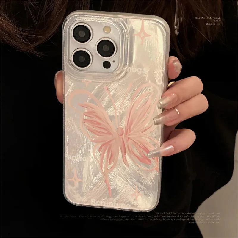 Pink Butterfly Laser Phone Case For Apple IPhone 15 11 13 14 12 Pro Max 15 Plus SE2 3 X XR XS Max 8 7 Plus Lens protection Cover