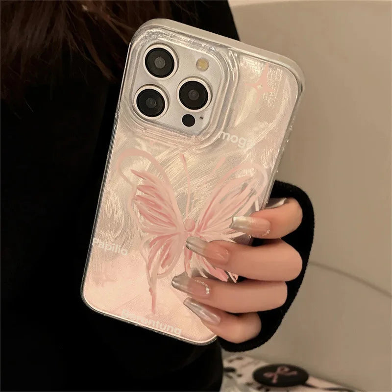 Pink Butterfly Laser Phone Case For Apple IPhone 15 11 13 14 12 Pro Max 15 Plus SE2 3 X XR XS Max 8 7 Plus Lens protection Cover