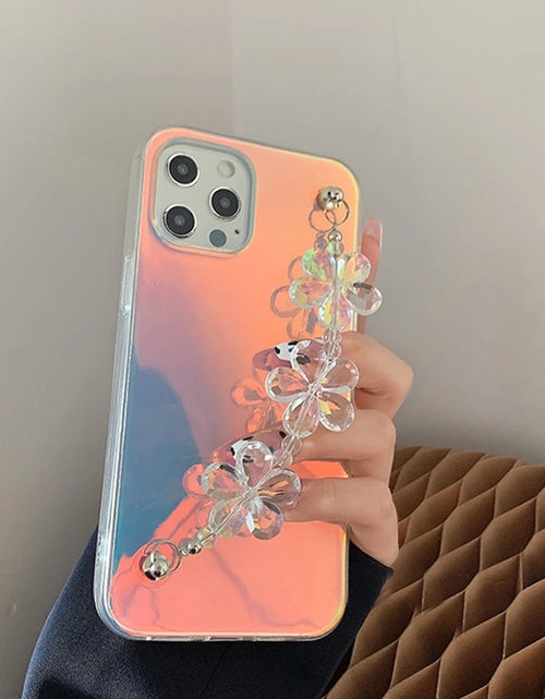 Load image into Gallery viewer, INS Laser Transparent Silicone Phone Case for iphone 15 14 12 13 Pro Max 11 MiNi XR X XS 7 8 plus SE 3D Flower Wrist Chain Cover
