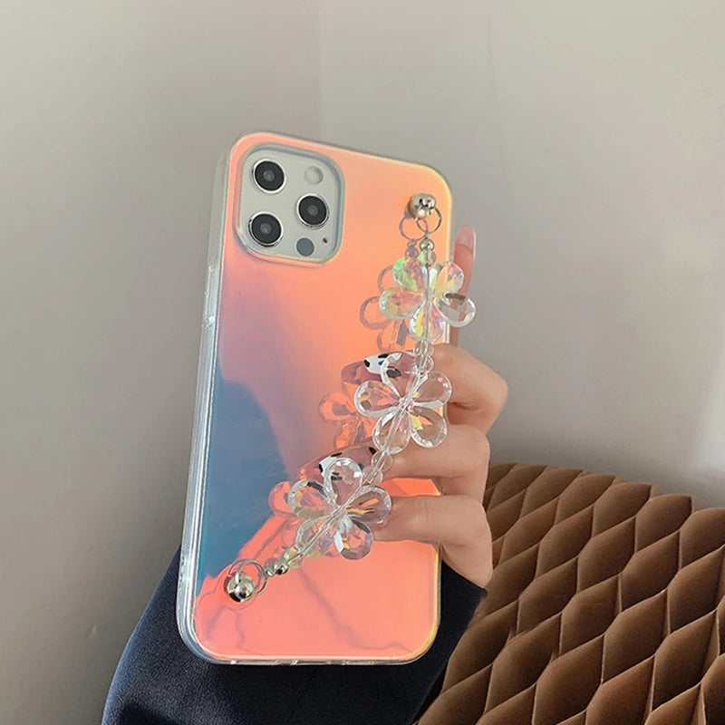 INS Laser Transparent Silicone Phone Case for iphone 15 14 12 13 Pro Max 11 MiNi XR X XS 7 8 plus SE 3D Flower Wrist Chain Cover