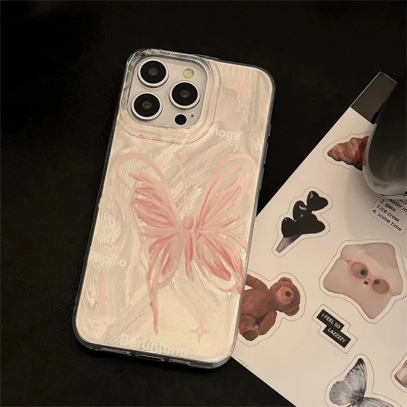 Pink Butterfly Laser Phone Case For Apple IPhone 15 11 13 14 12 Pro Max 15 Plus SE2 3 X XR XS Max 8 7 Plus Lens protection Cover